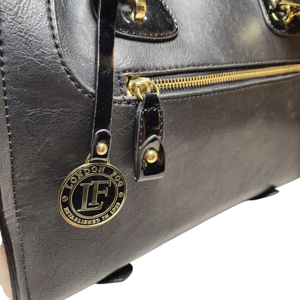 London Fog Handbag Large Tote Faux Vegan Leather Black Cream Gold Classic Preppy